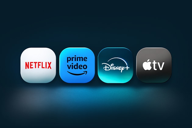 Die Logos von Netflix, Prime Video, Disney+ und der Apple TV-App erscheinen Seite an Seite vor einem blauen Hintergrund. 
