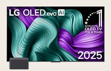 LG OLED TV Wireless menampilkan karya seni detail berwarna-warni dengan judul LG OLED evo AI 2025 dan logo OLED TV No. 1 di Dunia selama 12 tahun di layar. Zero Connect Box terletak di bagian depan bawah.