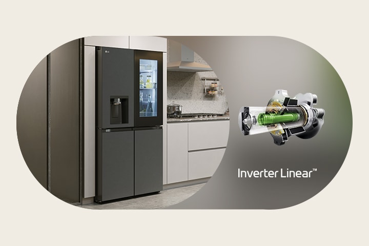 Kulkas LG dan LG Inverter Linear Compressor™ terlihat berdampingan.