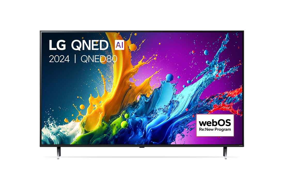 LG 75 inch LG QNED AI QNED80 4K Smart TV AI Magic remote HDR10 webOS25 2025 , Front view of LG QNED80 TV, LG QNED Al Logo on the top corner. LG QNED TV depicts colorful paintike textures coming together., 75QNED80A6A