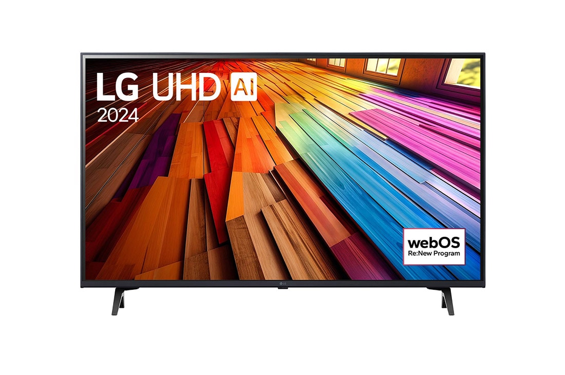 LG 55 colių LG UHD AI 4K išmanusis TV UT81 WebOS24 2024, LG UHD TV vaizdas iš priekio, UT80 su tekstu LG UHD AI ThinQ, 2024, ir „webOS Re:New Program“ logotipas ekrane, 55UT81003LA