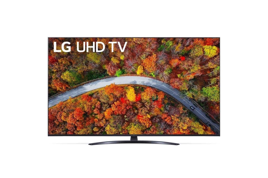 LG 55 dyuymli LG QNED QNED80 4K Smart TV 2024, LG QNED TV, QNED80 televizorining LG QNED, 2024 matni va ekranda webOS Re:New Program log logotipi bilan old tomondan ko‘rinishi, 55QNED80T6A