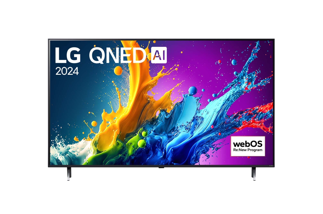 LG 50 dyuymli LG QNED QNED86 4K Smart TV 2024, LG QNED TV, QNED86 televizorining LG QNED, 2024 matni va ekranda webOS Re:New Program log logotipi bilan old tomondan ko‘rinishi, 50QNED86T6A